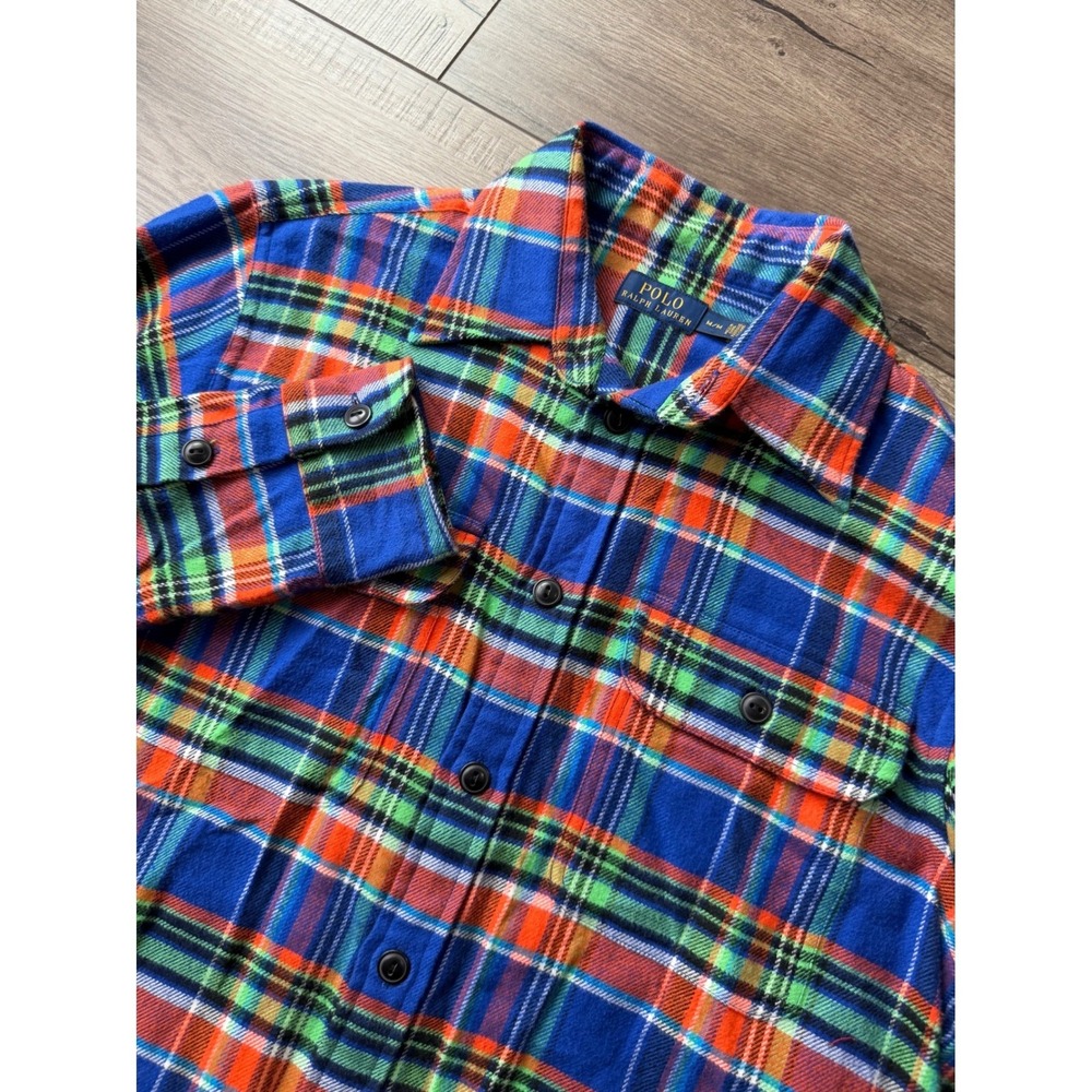 Polo Ralph Lauren Men's Flannel‎ Shirt Plaid Blue Orange Green Size Medium